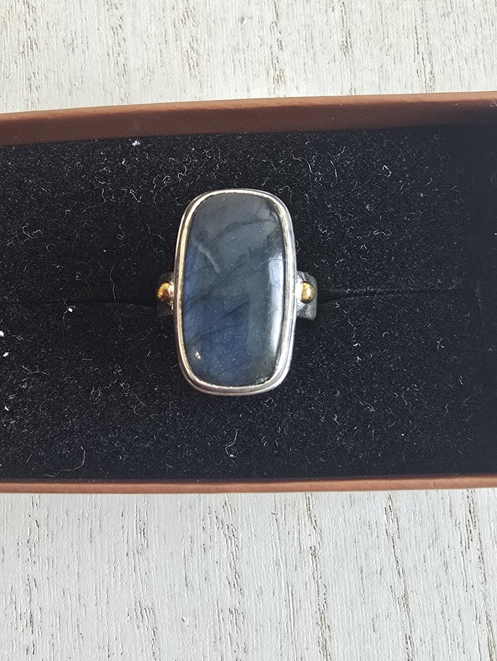 Labradorite Rectangular Sterling Ring with Gold Accents - Blue Sz 8